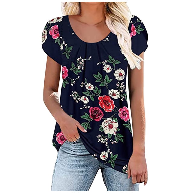 Pompotops Hauts d'Été à Col Rond Imprimé Floral pour Femmes T-Shirts Basiques de Vacances Blouse à Manches Pétales Décontractée