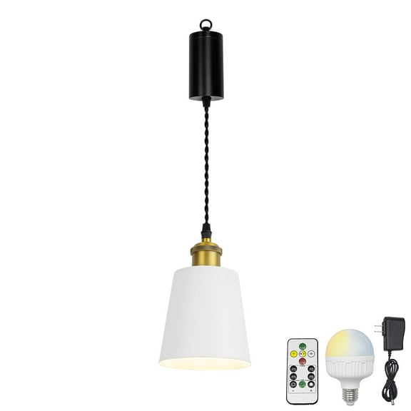 KAYYELAMP Remote Dimmable Rechargeable Battery 3.2Ft Adjusted Cord Hanging Light Matt Brass Base White Metal Barrel Lampshade Retro Design for Home Kitchen Bedsides