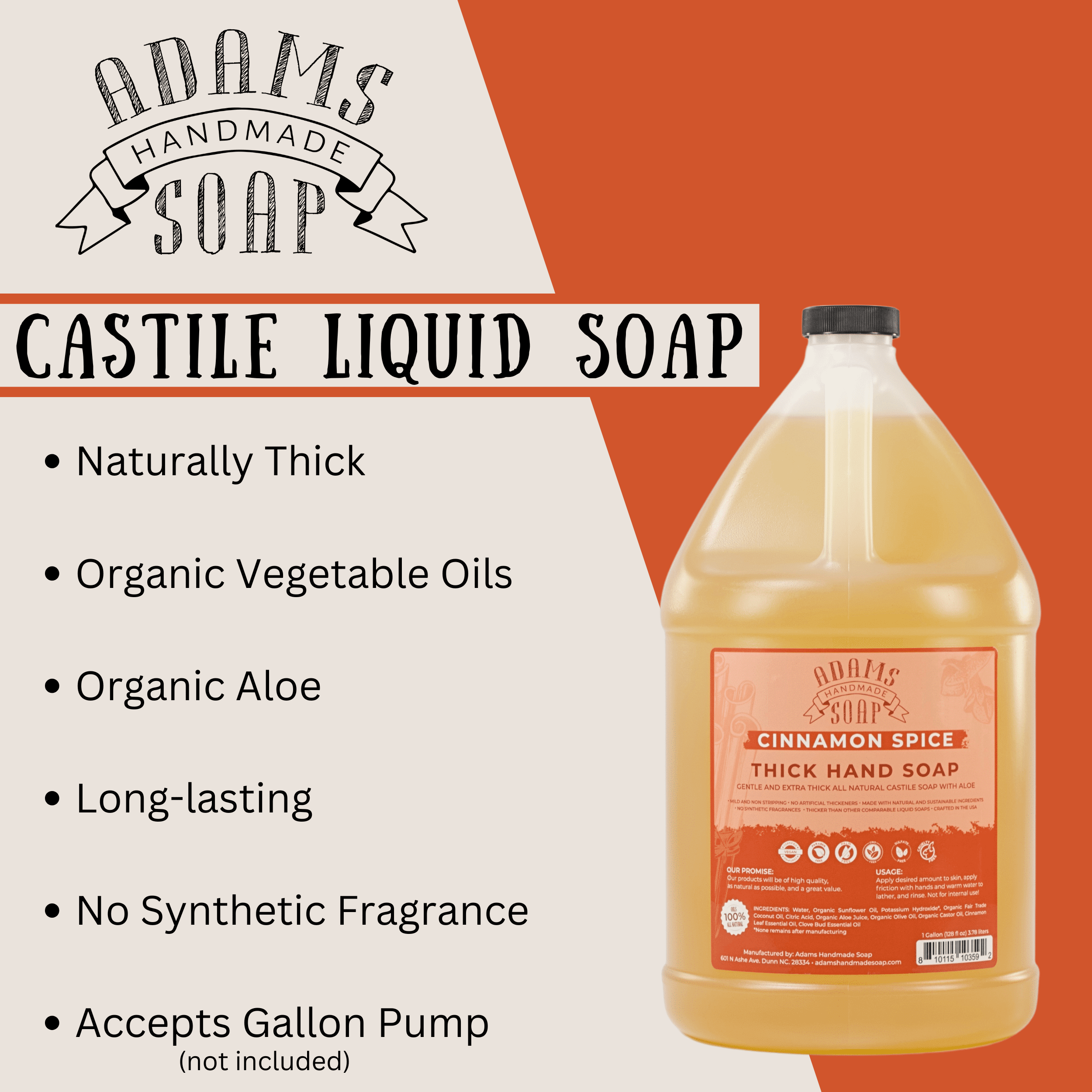 Cinnamon Spice Organic Liquid Castile Hand Soap 1 Gallon Refill Adams Handmade Soap