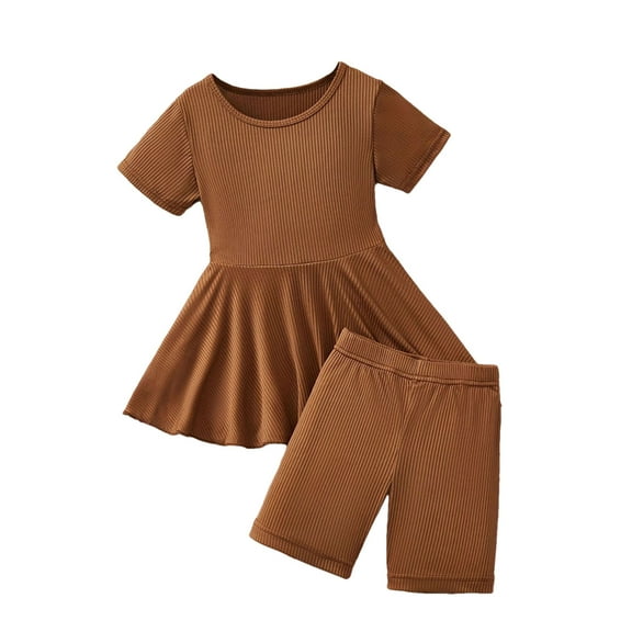 ZACPNCV Toddler Girls 2 Piece Outfit Solid Ruffle Hem Peplum Top and Biker Shorts Set Brown 7-8 Years