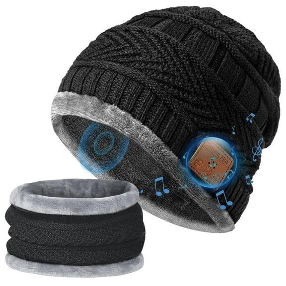 Viworld Beanie Bluetooth Hat Scarf Set Warm Knitted Hat Thick Flannel Lined Wireless Speaker Hands-Free Winter Cap Neck Warmer for Men Women