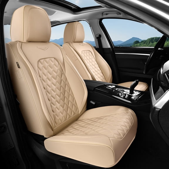 Coverado Front Car Seat Covers, Luxury Leather Car Seat Protectors, Fashion Auto Interior Cushions Universal Fit for Most Cars, SUVs and Trucks, Beige
