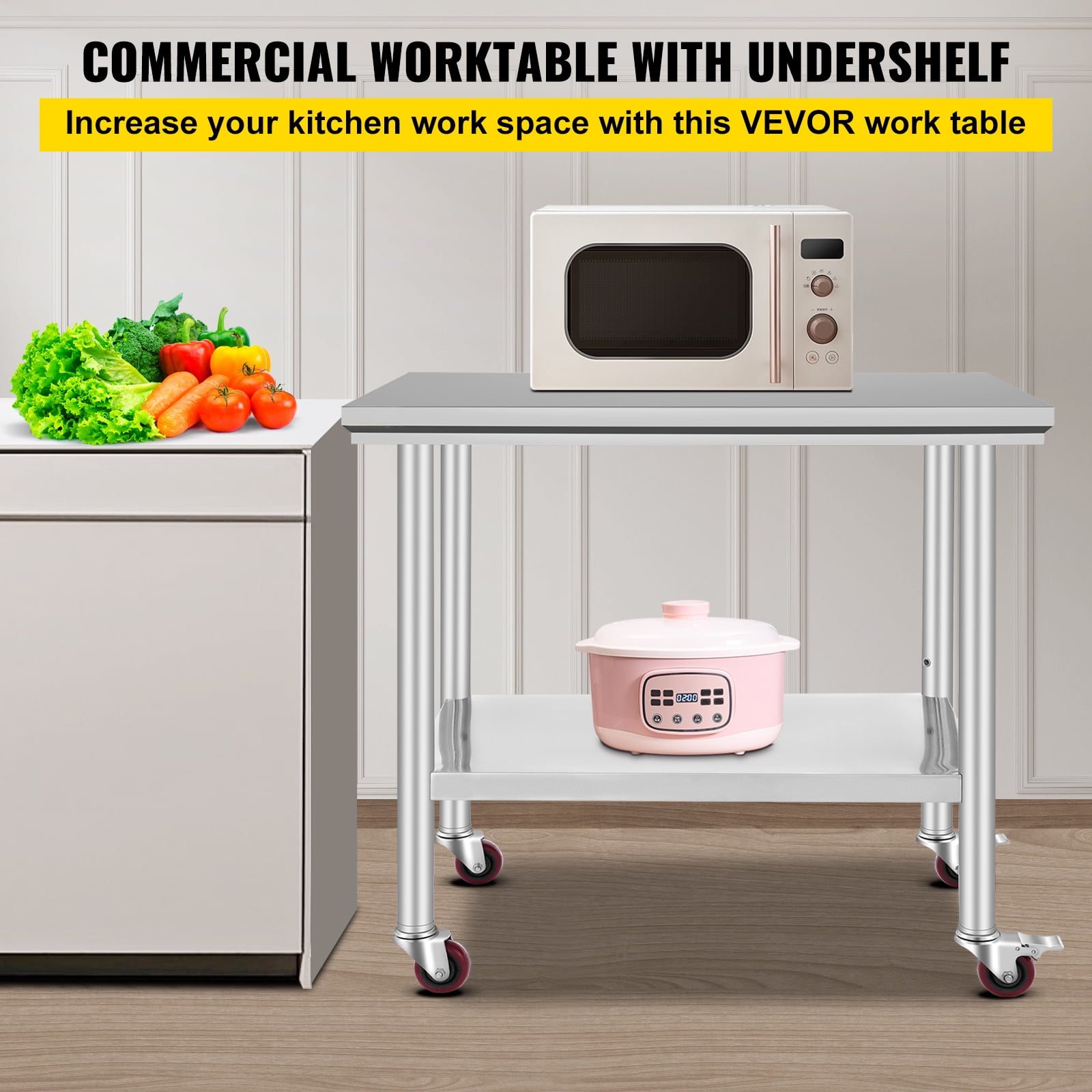 KFFKFF Commercial Work Food Prep Table, 36"x24" Stainless Steel Rolling Kitchen Cart with 4 Caster Wheels ,Heavy Duty Worktable Adjustable Undershelf