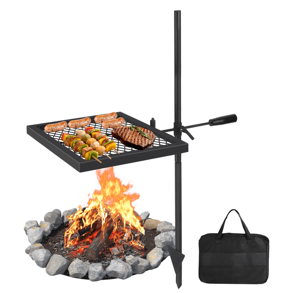 Gril de Feu de Camp Pivotant – Grille en Acier Robuste et Ajustable avec Sac de Transport, Hauteur Réglable, Rotation à 360° pour BBQ et Camping Extérieurs – une Plaque de Cuisson, Deux Pièces, Vertical, Taille 16*16
