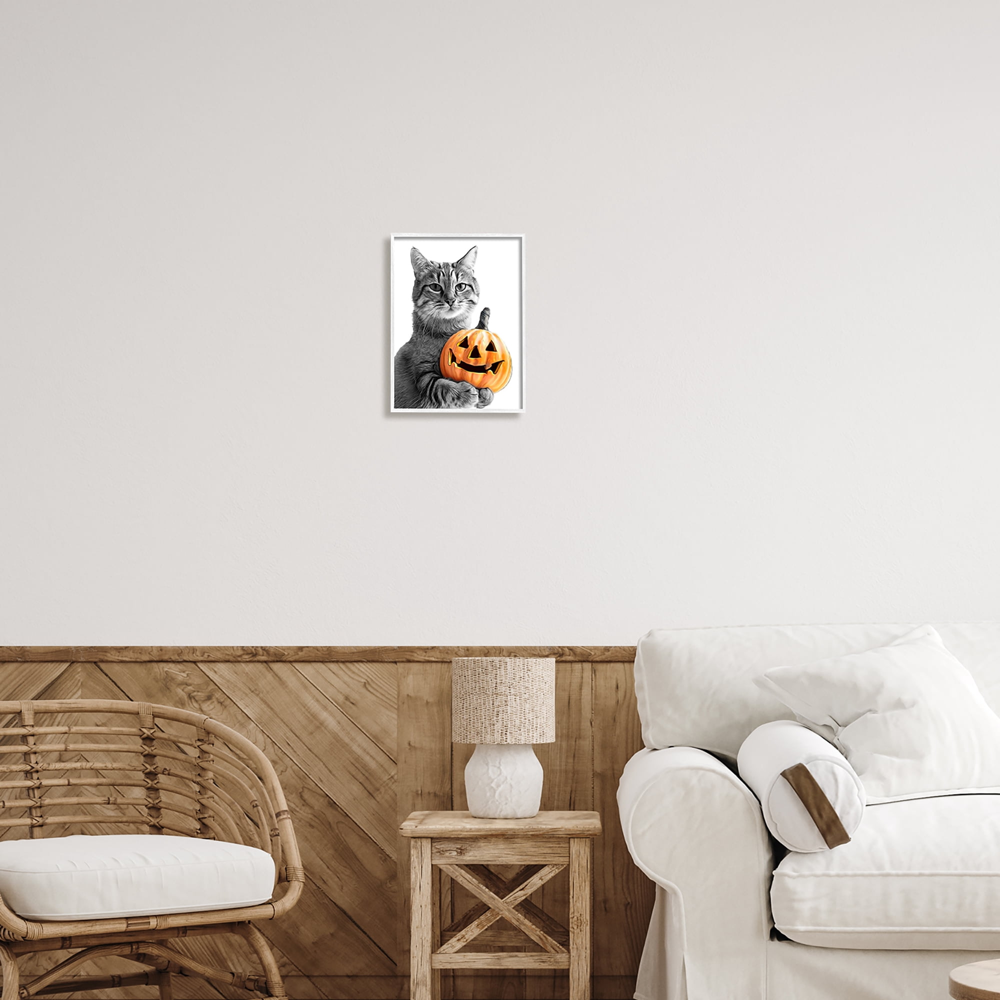 Stupell Industries Cat & Jack-o-Lantern Holiday Painting White Framed Art Print Wall Art, 11 x 14