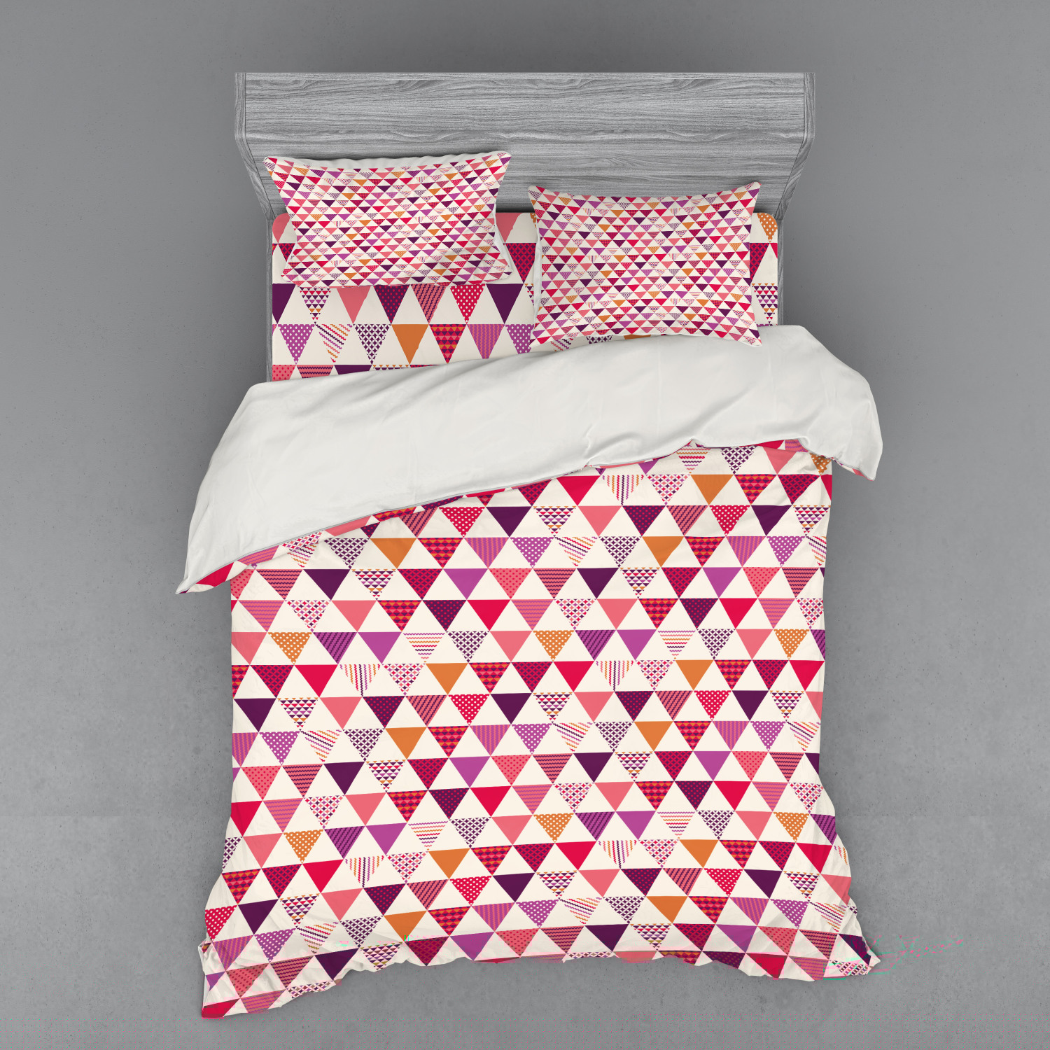 Pink Duvet Cover Set, Geometric Triangle Patterns with Polka Dots Lines