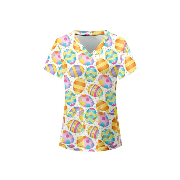 Easter Scrubs Tops for Women Nursing Uniform Tops T-Shirt V-Neck Short Si Mock Wrap Top Tee