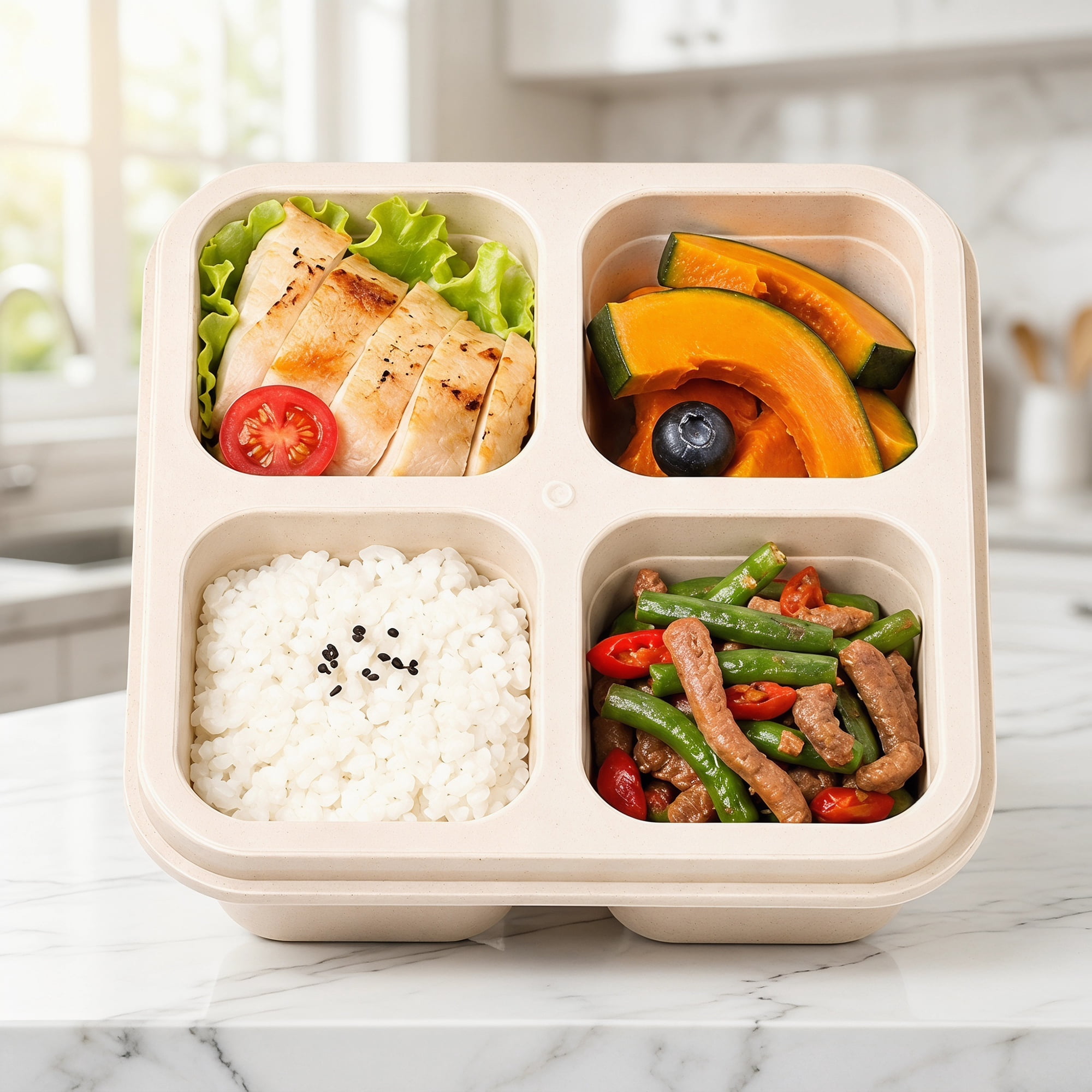 Unique Bargains 4-Compartment Leak-Proof Meal Lunch Bento Box for Work Beige