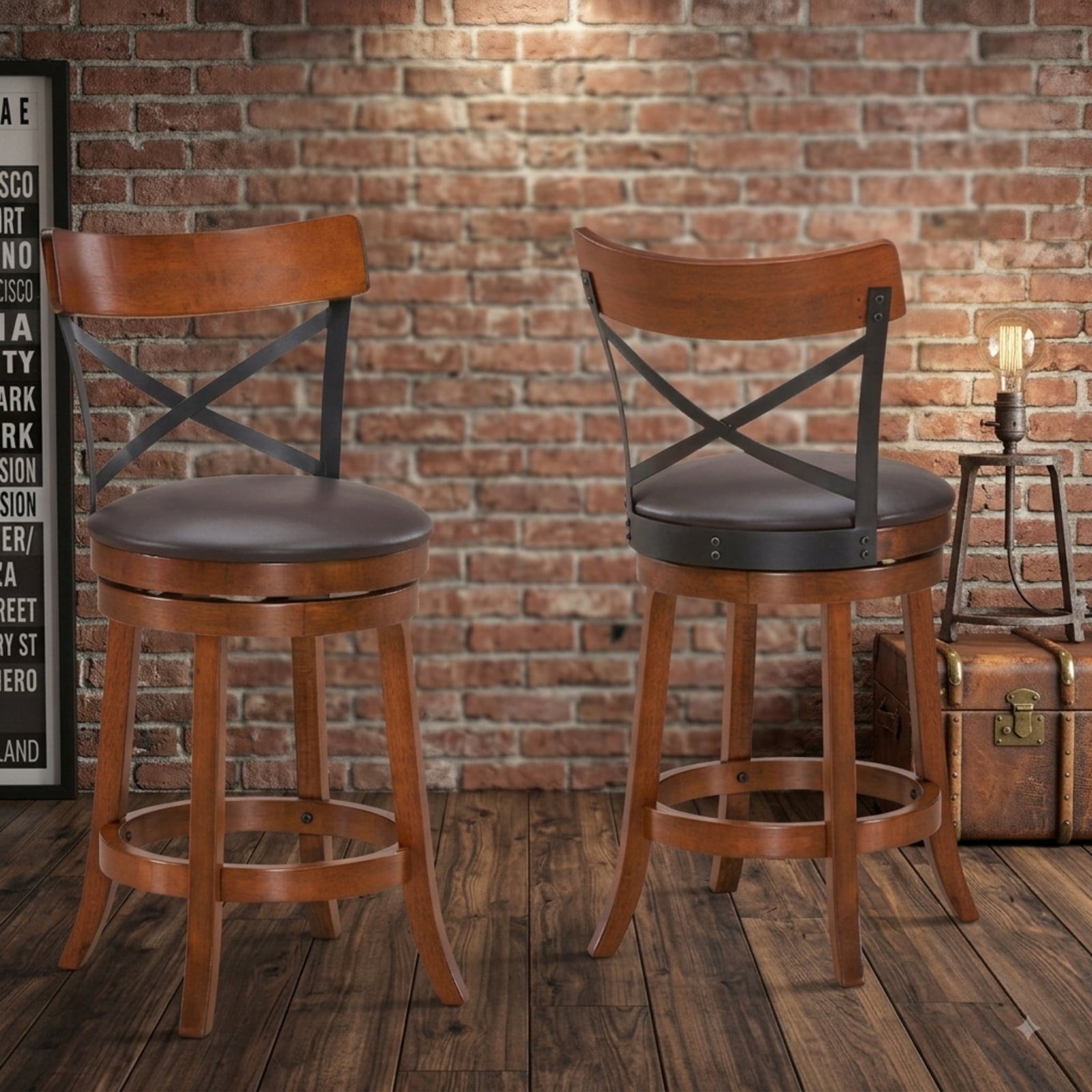 Furnibear Set of 2 Bar Stools 360-Degree Swivel Dining Bar Chairs with Rubber Wood Legs-25 inch for Kitchen Island Counter Bar Pub Dining, Walnut