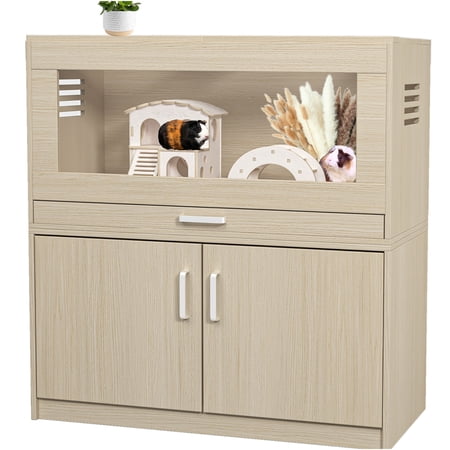 JERFIT Large Wooden Hamster Cage with Storage Cabinet, Openable Roof & Acrylic View Panels - Teak Hutch Habitat for Guinea Pigs, Chinchillas, Rats & Small Pets