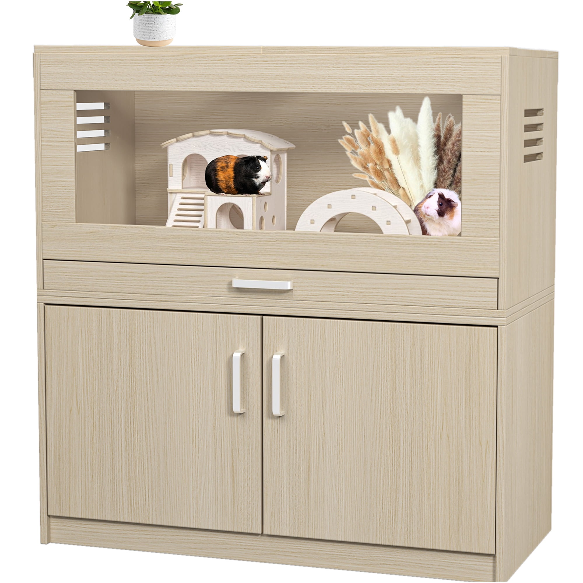 JERFIT Large Wooden Hamster Cage with Storage Cabinet Openable Roof & Acrylic View Panels - Teak Hutch Habitat for Guinea Pigs Chinchillas Rats & Small Pets