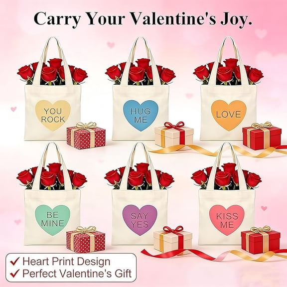 Mini Conversation Heart Canvas Bags, 6Pcs Cute, Reusable Valentine'S Day Heart Canvas Tote Bag  P