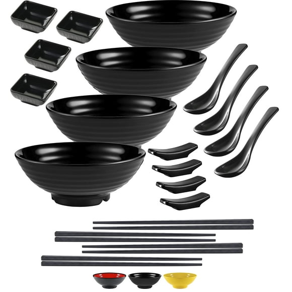 Practimondo Ensemble de 4 Bols à Nouilles - Grand Bol à Ramen de 32oz pour cuisine Asiatique Authentique - avec Bols à Trempette, Cuillères, Baguettes Supports à Baguettes pour Miso Udon Wonton (Ensemble de 4 Bols, Noir)