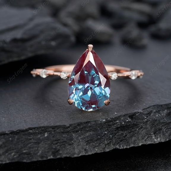 Pear Cut Alexandrite and Diamond Engagement Ring Unique Rose Gold Teardrop Alexandrite Hidden Halo Wedding Promise Ring
