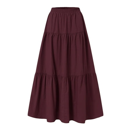 YUHAOTIN Female Long Skirt Women's Spring/Summer Casual High Waist Cotton Linen Solid Pleated Loose Swing Half Length Skirt Patchwork Skirt High Waist Skirt