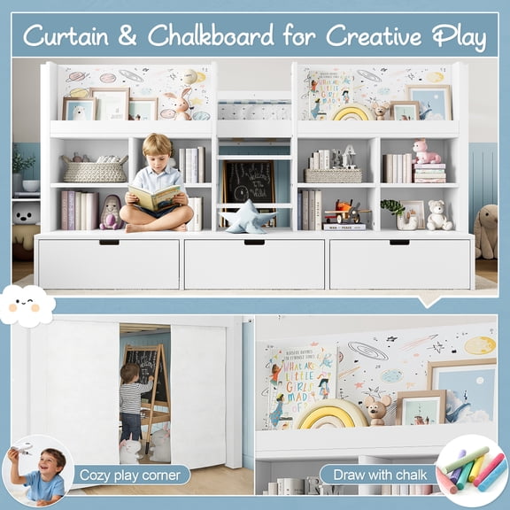 DRNANLIT Twin Size Loft Bed with Multi-storage Shelves and Storage, Low Loft Bed with Curtain under the Bed and Chalkboard, No Box Spring Needed, White