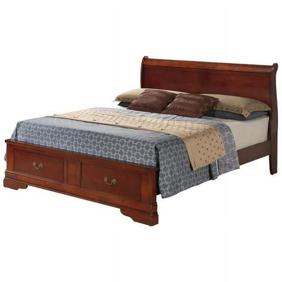 Louis Philippe Storage Sleigh Wood Bed, Cherry - Queen Size