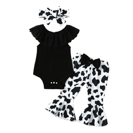 

MPWEGNP Girls Sleeveless Ribbed Lace Romper Bodysuit Bowknot Leopard Prints Bell Bottoms Pants Headbands Outfits Year Cute Outfit
