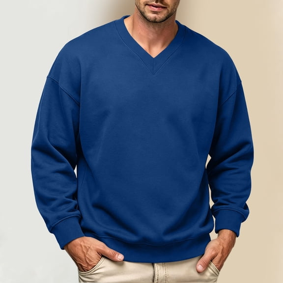 Sweatshirts for Men Fall Winter Solid Color Soft Loose Fit Pullover Sweatshirt Long Sleeve V Neck Hoodless Sports Casual Sweatshiers