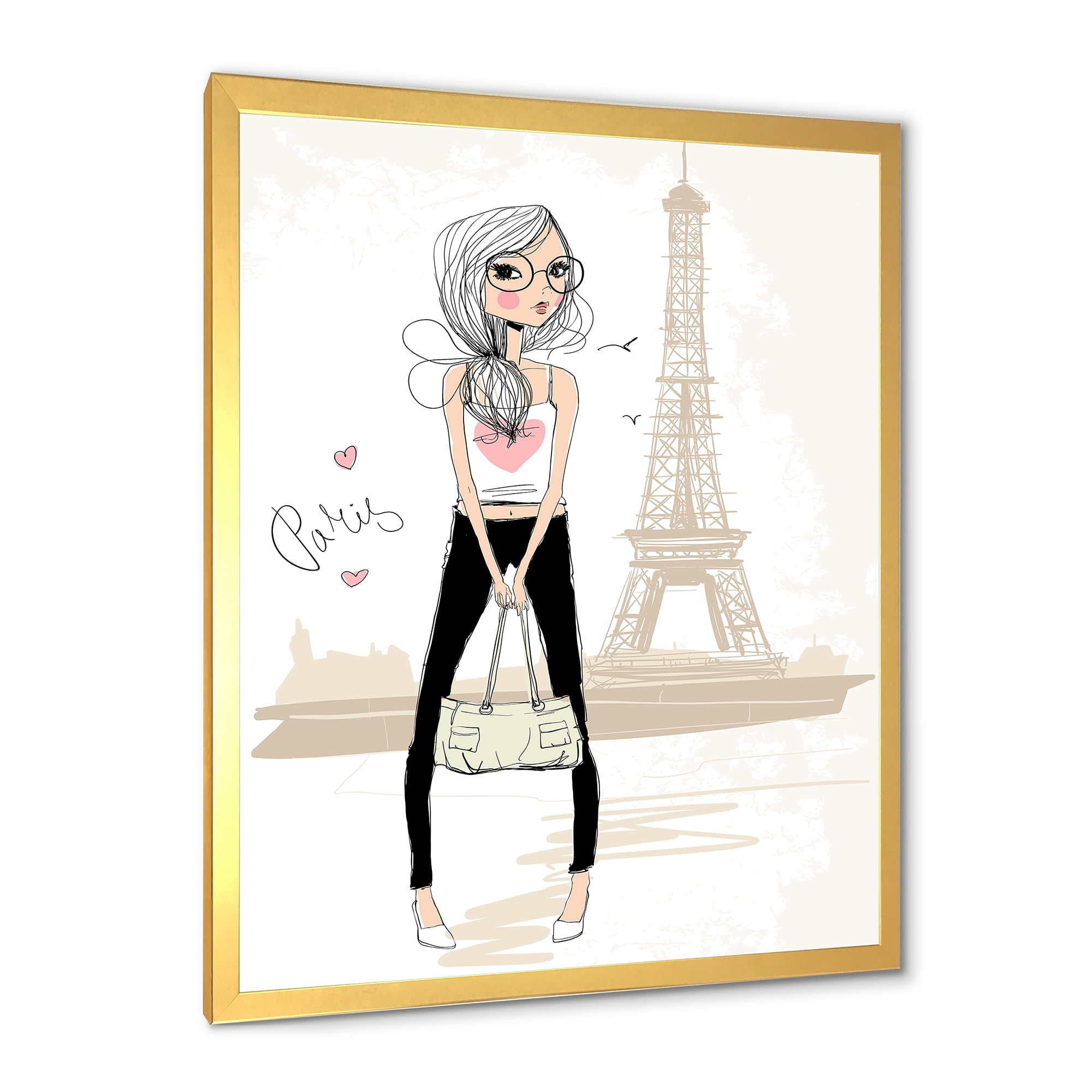 Designart 'Cute Girl By The Tour Paris Eiffel Tower' Children's Art Framed Art Print
