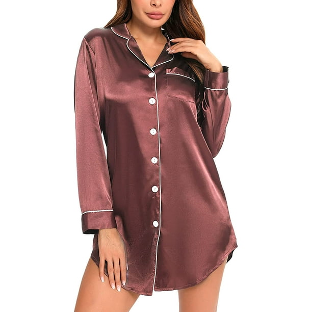 Women's Satin Sleep Shirt Long Sleeve Sleepwear Silk Nightshirt Button Down  Pajama Top 