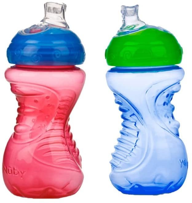 Nuby 2-Pack No-Spill Super Spout Easy Grip Cup, 10 Ounce, 6 Months +, Red and Blue