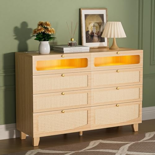 Rattan Dresser for Bedroom with 8 Drawers, Wood Dresser with Charging Station & LED Lights, Boho Dressers & Chests of Drawers for Bedroom$$Home Decor, Kitchen, & Other