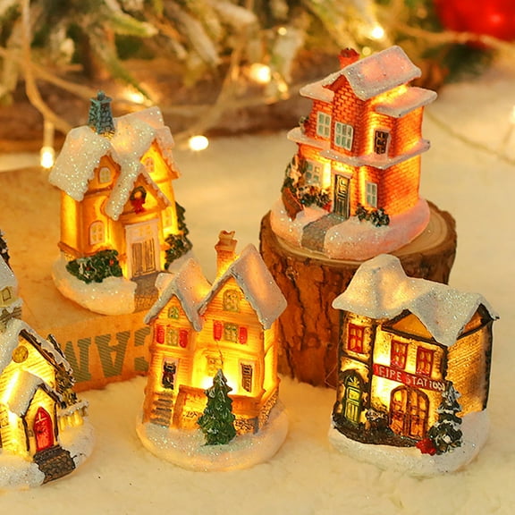 Happy Date Christmas LED Wooden House LED Light up Village Family House Xmas Snow House Christmas Miniature Ornament Fairy Garden Christmas Accessories Christmas