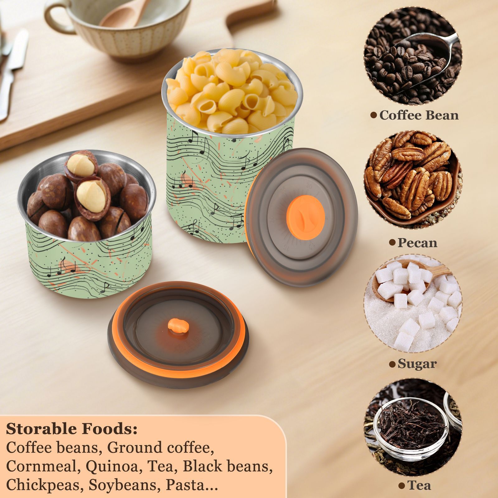 Music Notes Polka Dots Airtight Coffee Bean Canister 30oz Food Storage Containers with Lids For Gournd, Tea, Sugar, Flour, Rice, Cereal, Candy Cookie Jar
