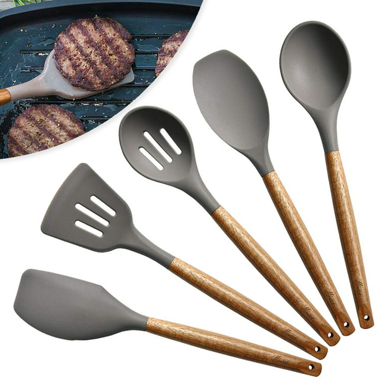 SKYCARPER Silicone Kitchen Utensils for Cooking - Non-Stick Silicone Cooking Utensils with Acacia Wood Handle - Heat Resistant & Flexible Silicone