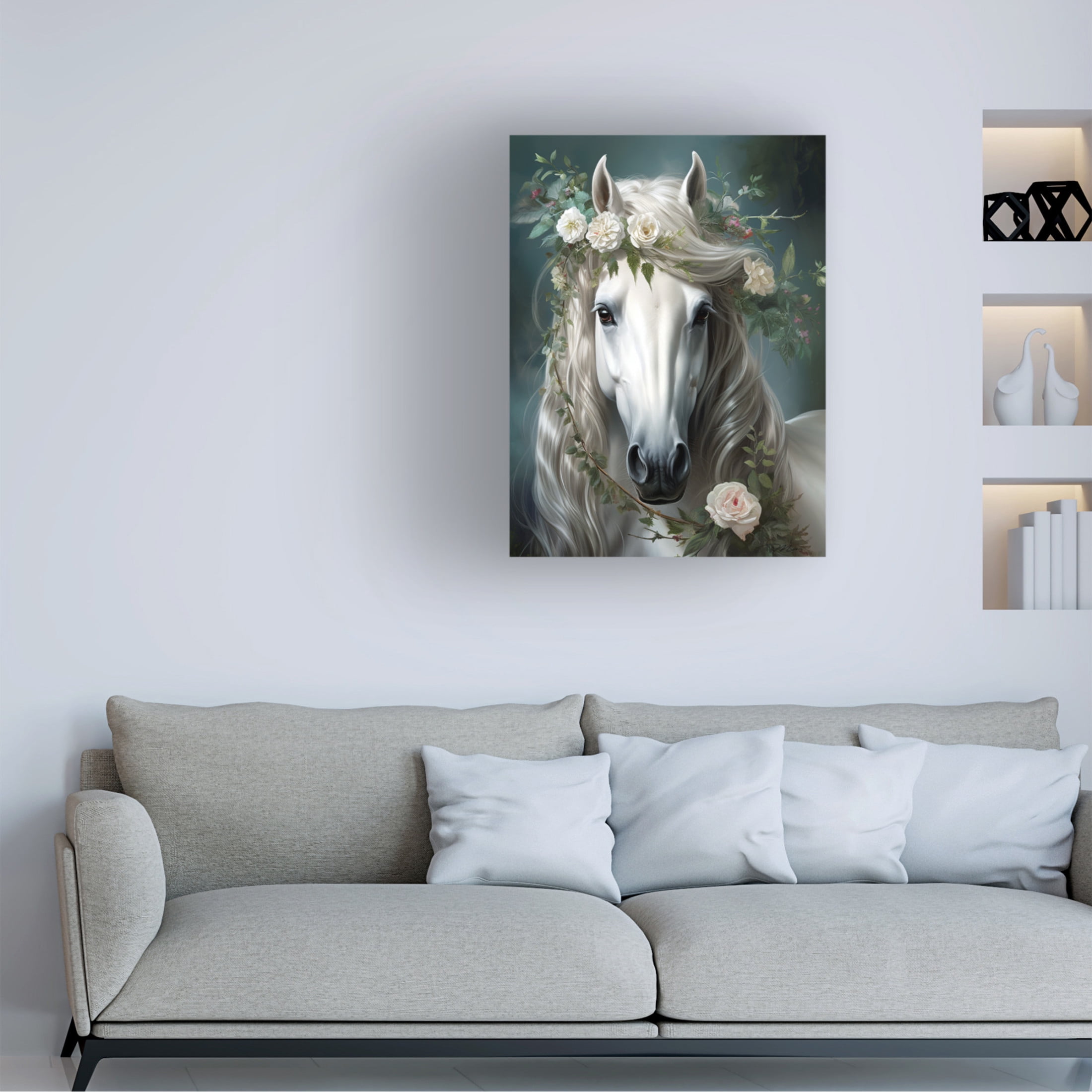 Canvas Wall Art - Momart 'White Horse Crowned By Flowers' Wall Art for Living Room, Bedroom, or Office Décor by Trademark Fine Art - 24 x 32 Inches