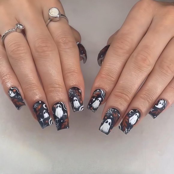 Halloween Press on Nails Medium Square Black Fake Nails False Nails with Ghost Leaves Moon Designs Matte Glue on Nail Acrylic Nail for Women Girls 24Pcs