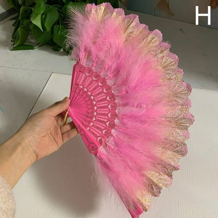 

Chinese Style Dance Wedding Party Lace Silk Folding Hand Held Feather Fan Props