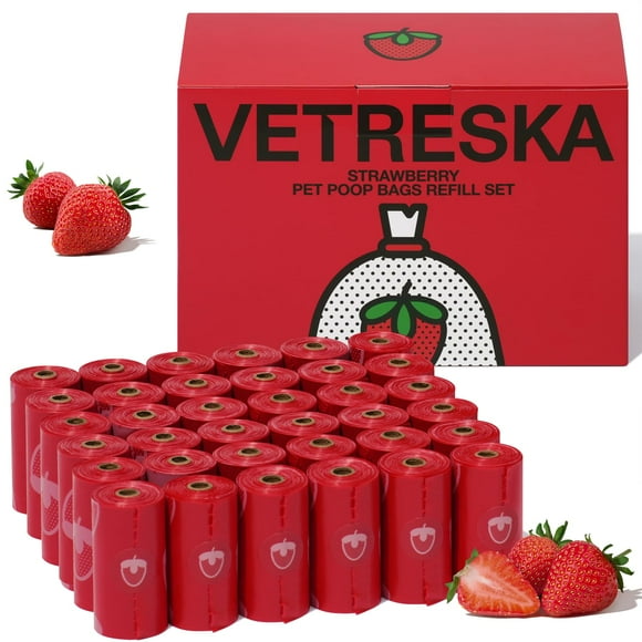 VETRESKA Strawberry Scented Dog Poop Bags, Leak Proof, Extra Thick and Large Pet Waste Bags for Dogs Walking and Cat Litter, 36 Refill Rolls, 54