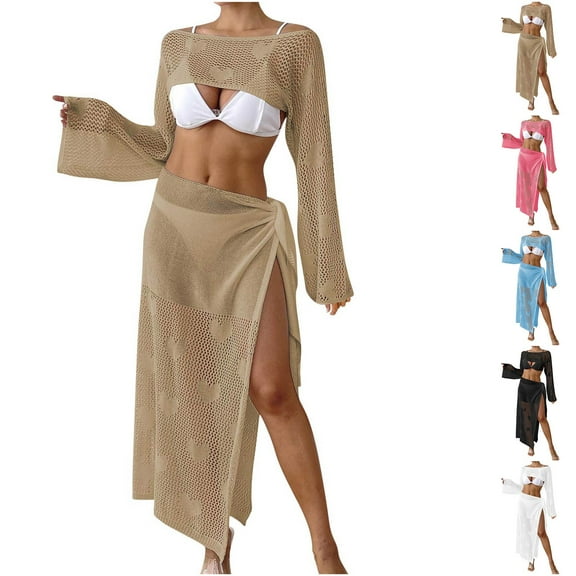 Eiyaclvo Bathing Suit Cover Up Set for Women 2 Piece Summer Hollow Out Crochet Bikini Cover Ups Long Sleeve Crop Tops and Long Wraps Cover Up Skirt Beach Swimwear