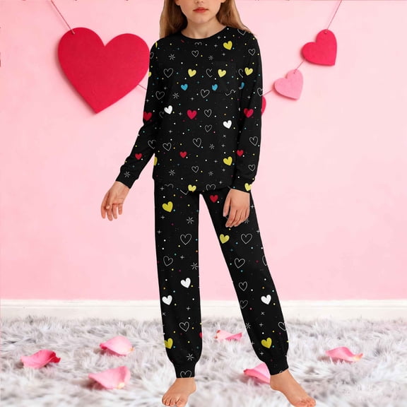 ATOGUTA Valentine's Day Outfit Set Girls Valentine's Day Clothes Long Sleeve Tops and Jogger Pants Kids Tracksuit Sweatsuits Set Size 5T-14, Black