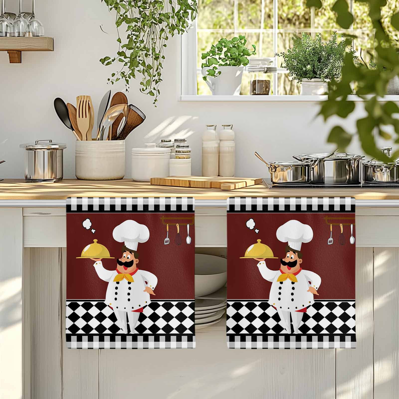 Dish Towels, Cartoon Chef Absorbent Kitchen Towels 2 PCS, Kitchen Gourmet Black Plaid Microfiber Hand Towels Dish Cloths Tea Towels for Home&nbsp;Bathroom Cleaning Drying,18X28-Inch,