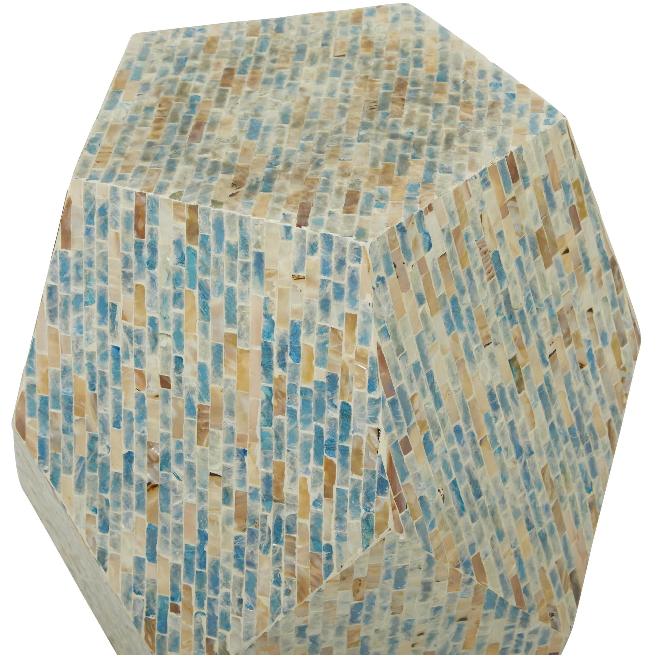 DecMode 16" x 19" Multi Colored Mother of Pearl Shell Handmade Mosaic Inlay Geometric Accent Table, 1-Piece
