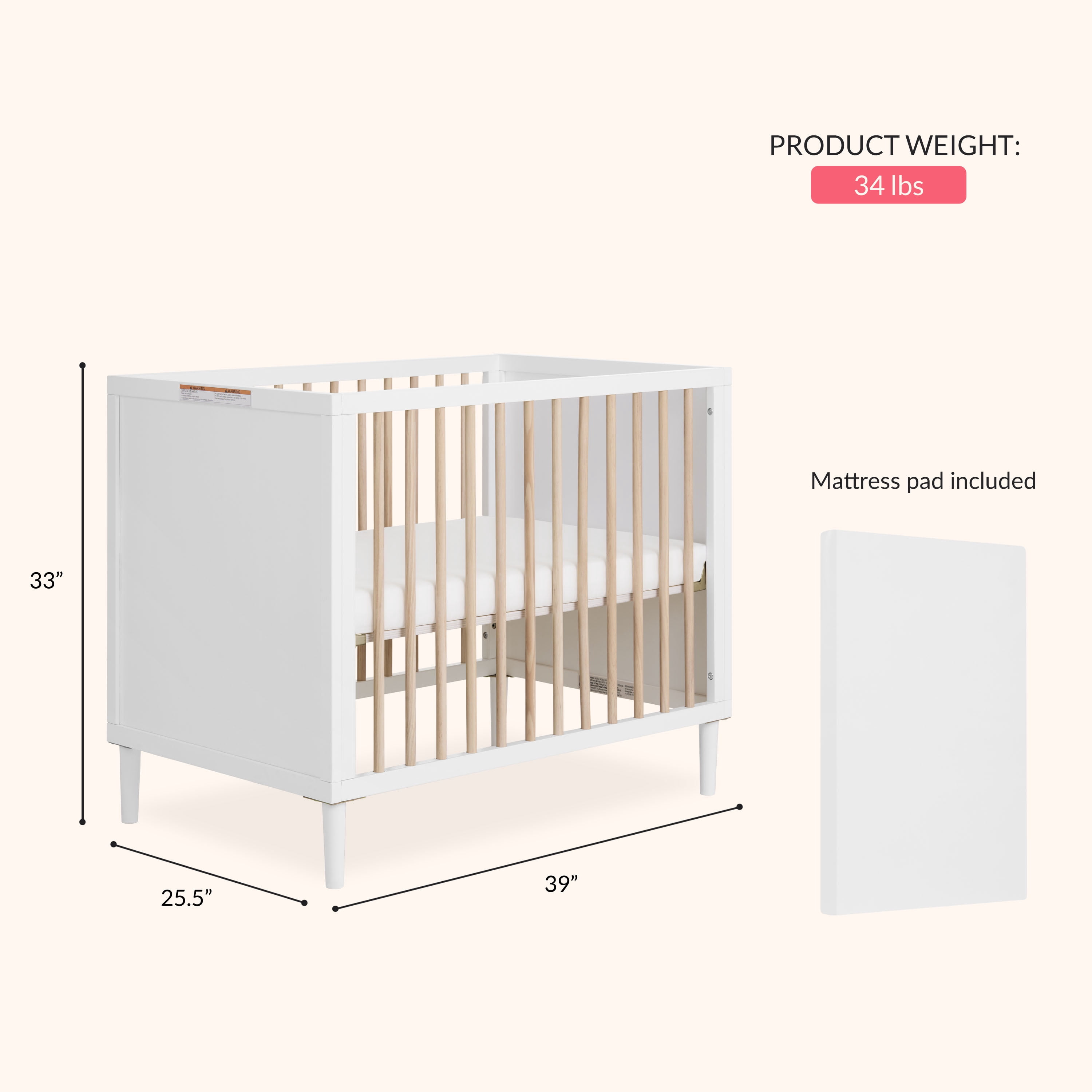 Dream On Me Lucas Mini Modern Crib With Rounded Spindles I Convertible Crib I Mid- Century Meets Modern I Portable Crib, White Vintage Oak