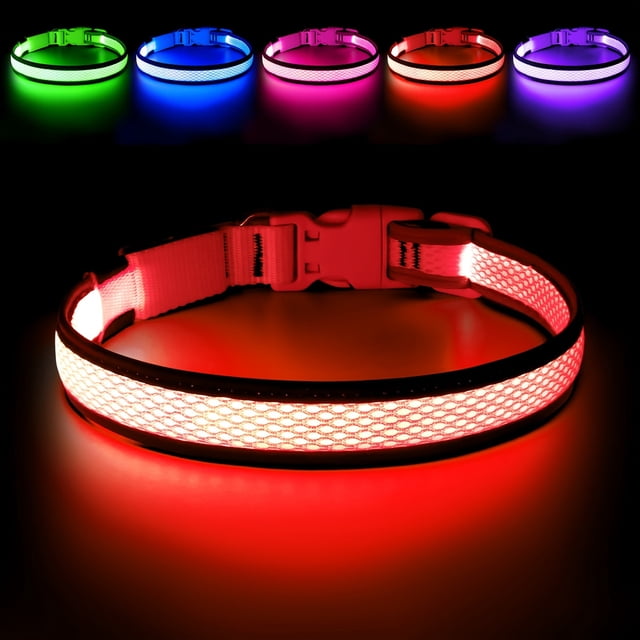 USB LED Dog Collar Lights - Adjustable Comfortable Soft Mesh Safety Collar Dogs, Colorful Lights for Nighttime Visibility,Red,L