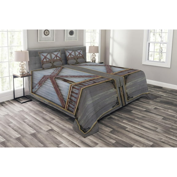 Ambesonne Industrial Quilted Bedspread Set 3 Pcs, Wooden Window Plank, King Size, Brown and Grey