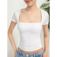 thumbnail image 3 of Women's Square Neck Short Sleeve T Shirts Double Lined Basic Tee Slim Fit Tops, 3 of 5