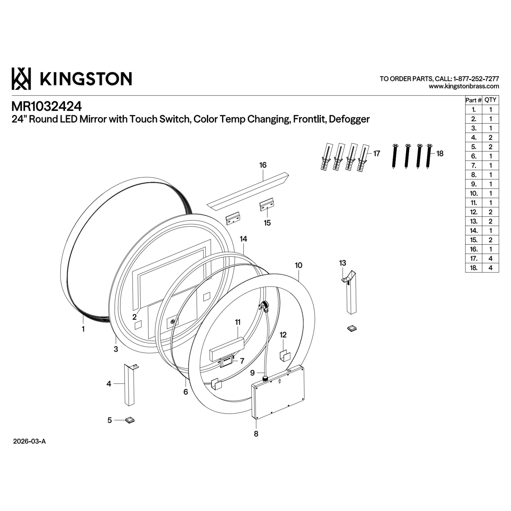 Kingston Brass MR1032424 Aurora 24-Inch Round LED Bathroom Mirror, Front Light, Anti-Fog, Dimmable Touch Sensor Lighted Mirror in Silver/Nickel