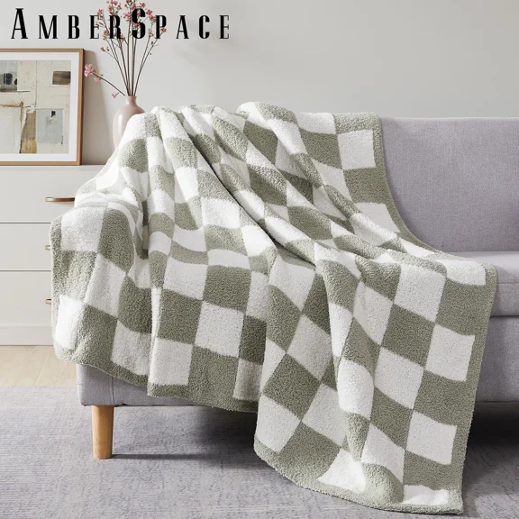 Amberspace Checkered Knit Throw,Sage Green,50"*70"