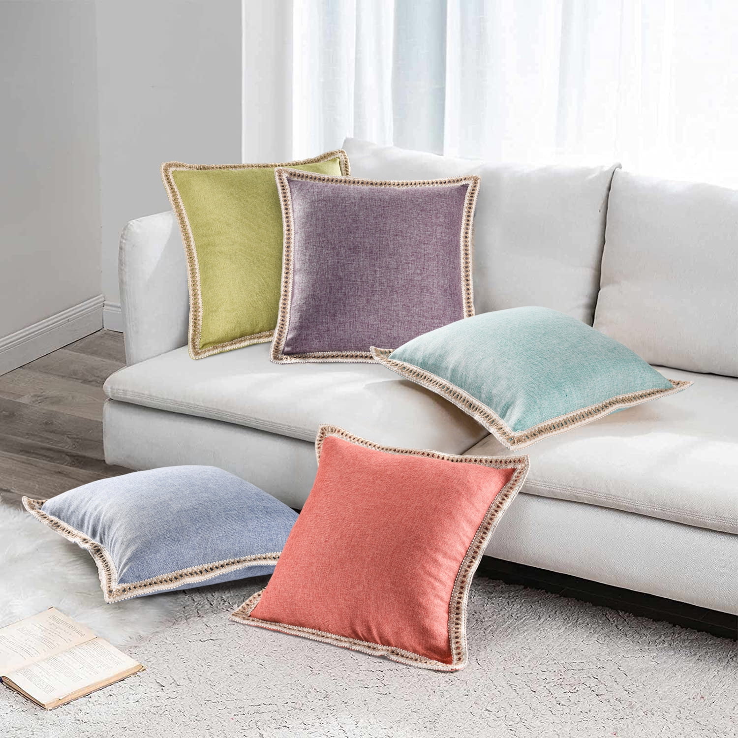 EvJk Set of 2 Blue Throw Pillow Covers Vintage Linen Trimmed Cushion Covers, 18"x18"