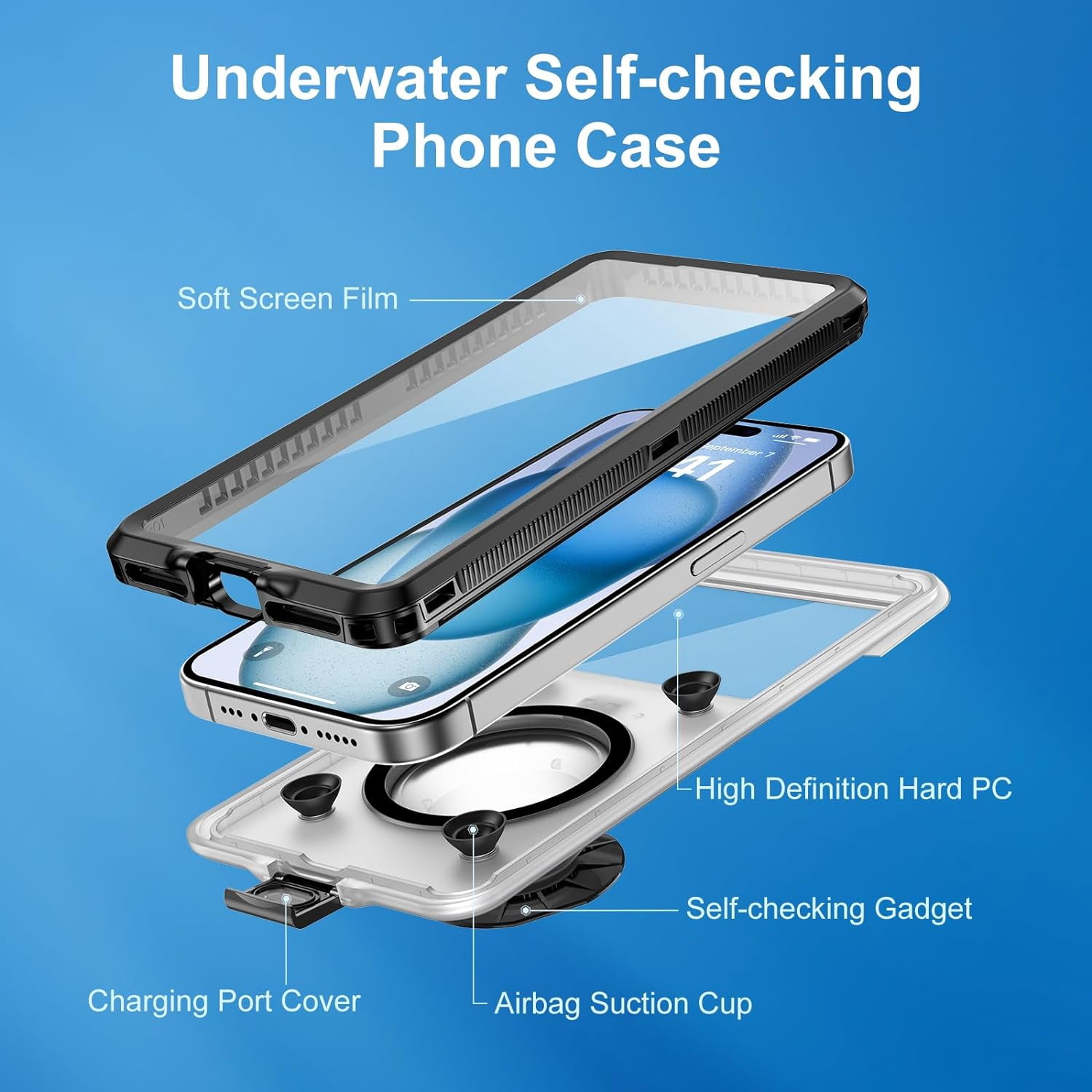 KOMI Waterproof Phone Case, Underwater Snorkeling Diving Phone Case, Universal Self-Check Water Proof Pouch Dry Bag Up to 6.9 Inch for iPhone 15/14/13/12/11/Samsung S24/S23/Google Series - Black