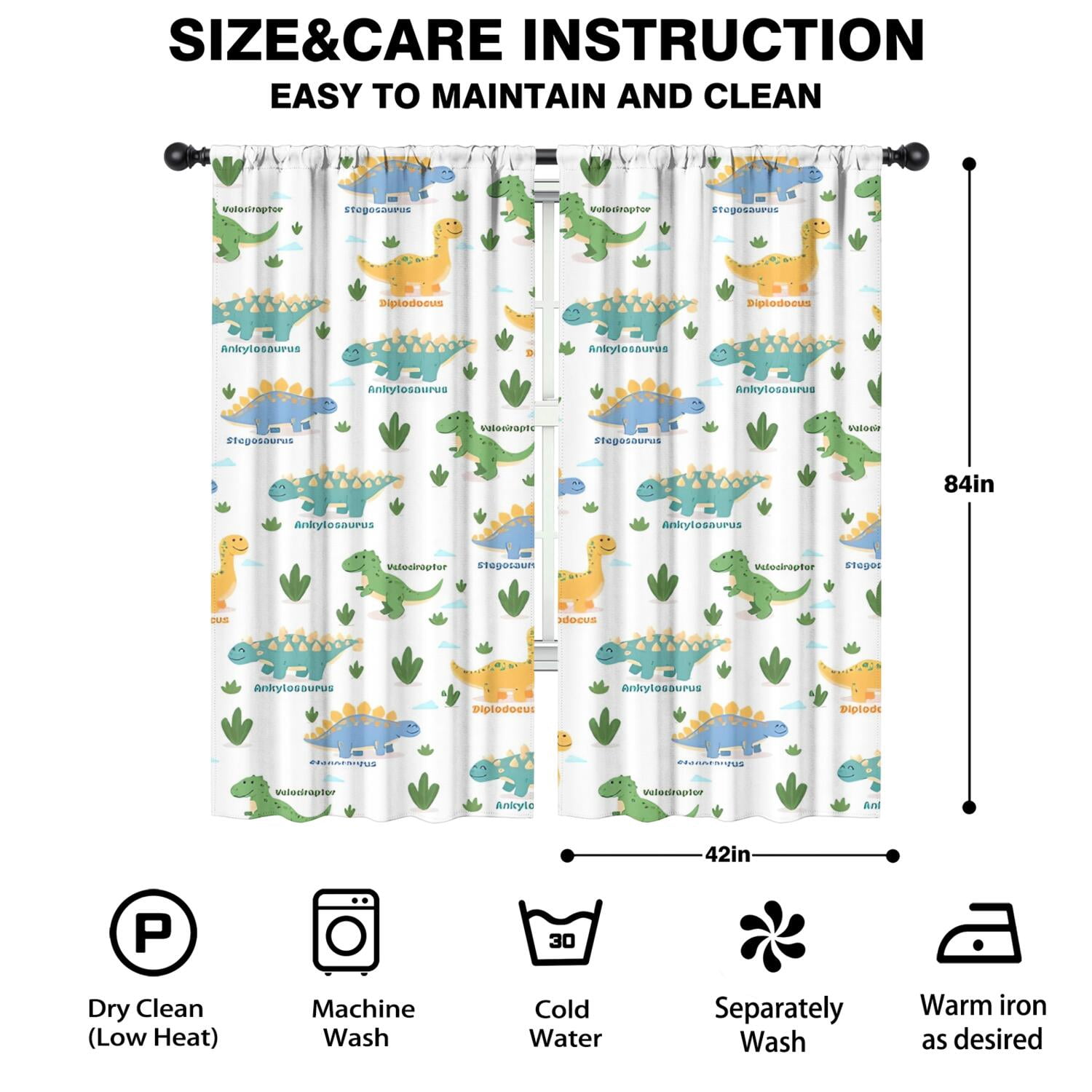 Blackout Kids Curtains,Green Dinosaurs Cacti Pattern Childrens Insulated Curtains Set Of 2,Bedroom Essentials,Toddler Room Decor 42"x84"