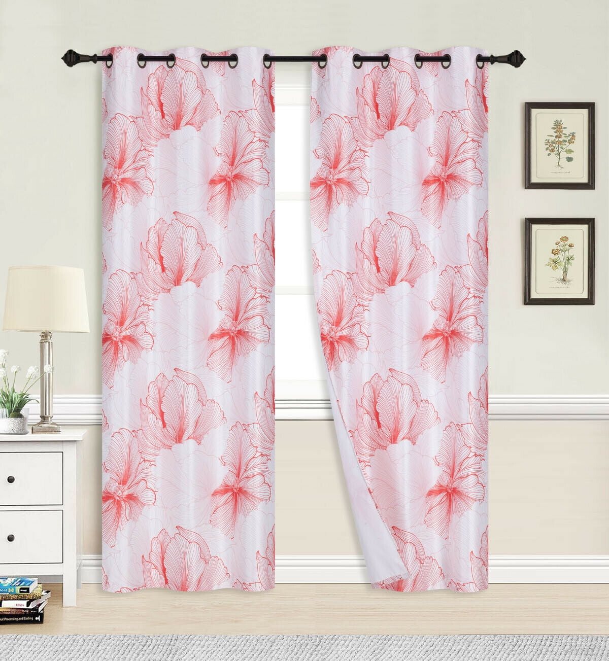 1 SET WINDOW CURTAIN THERMAL VINTAGE BIG FLOWER FLORAL PATTERN RED