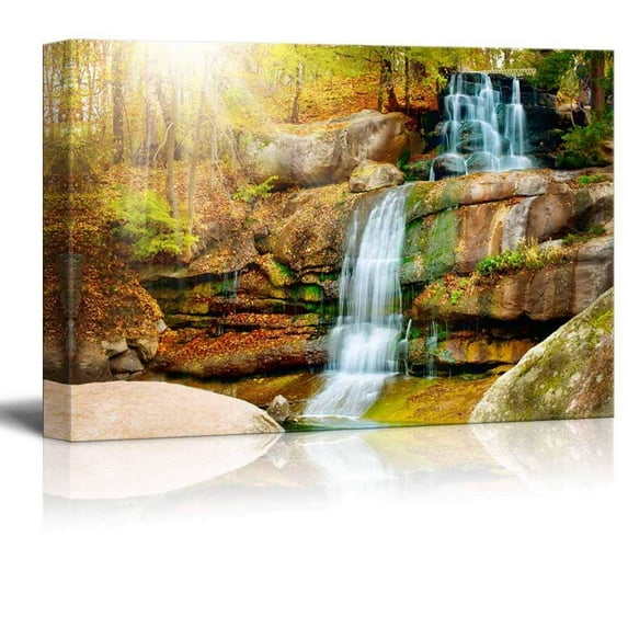 Beautiful Scenery Landscape Waterfall in Forest in Autumn - Canvas Art Wall Decor - 12" x 18"