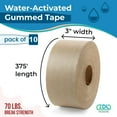 thumbnail image 2 of IDL Packaging 3" x 375' Reinforced Water-Activated Kraft Gummed Tape 70lb Thickness (Pack of 10) - Secure Paper Packing Tape for Secure Carton Sealing, 2 of 6